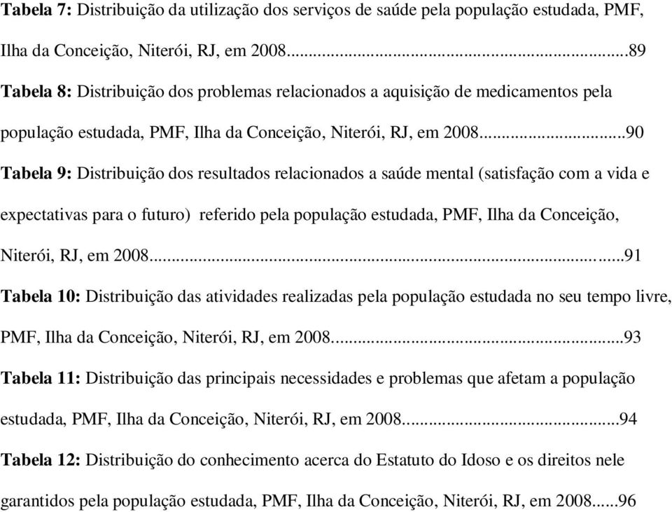 ..90 Tabela 9: Distribuição dos resultados relacionados a saúde mental (satisfação com a vida e expectativas para o futuro) referido pela população estudada, PMF, Ilha da Conceição, Niterói, RJ, em