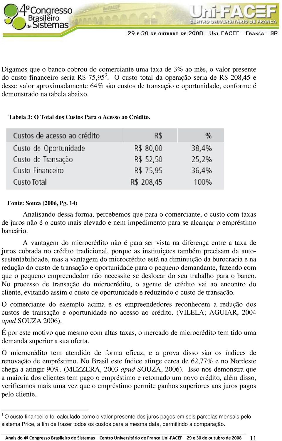 Tabela 3: O Total dos Custos Para o Acesso ao Crédito. Fonte: Souza (2006, Pg.