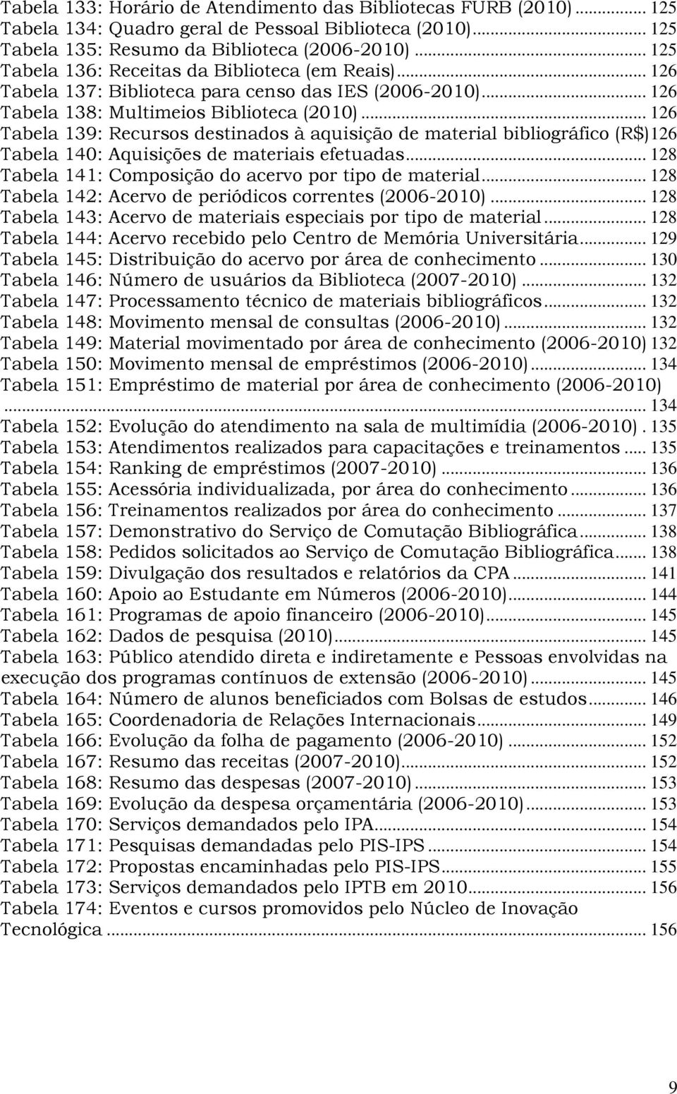 .. 126 Tabela 139: Recursos destinados à aquisição de material bibliográfico (R$)126 Tabela 140: Aquisições de materiais efetuadas... 128 Tabela 141: Composição do acervo por tipo de material.