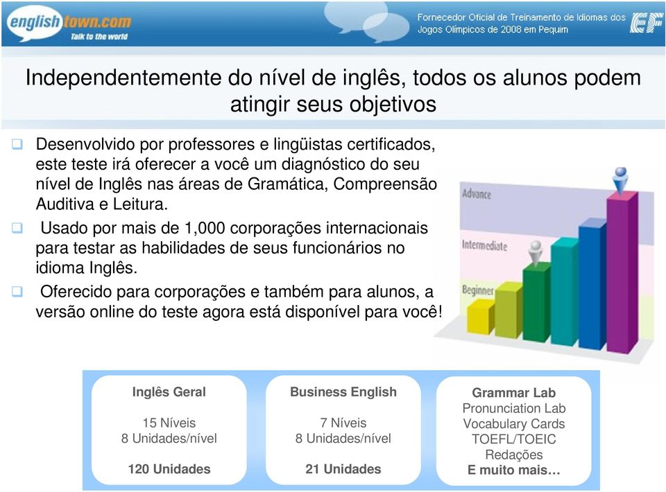 Usado por mais de 1,000 corporações internacionais para testar as habilidades de seus funcionários no idioma Inglês.