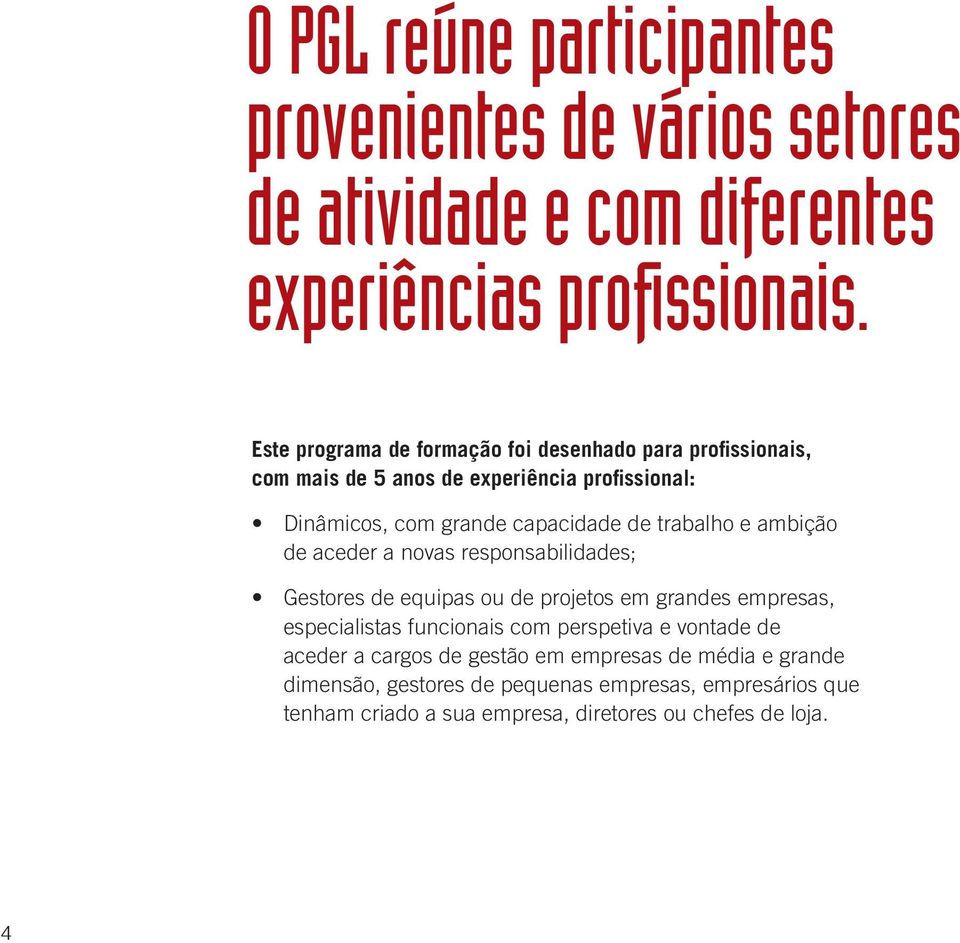 trabalho e ambição de aceder a novas responsabilidades; Gestores de equipas ou de projetos em grandes empresas, especialistas funcionais com