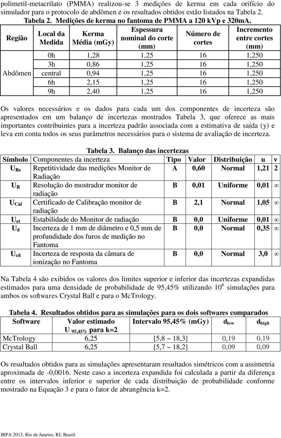 Região Abdômen Local da Medida Kerma Média (mgy) Espessura nominal do corte (mm) Número de cortes Incremento entre cortes (mm) 0h 1,28 1,25 16 1,250 3h 0,86 1,25 16 1,250 central 0,94 1,25 16 1,250