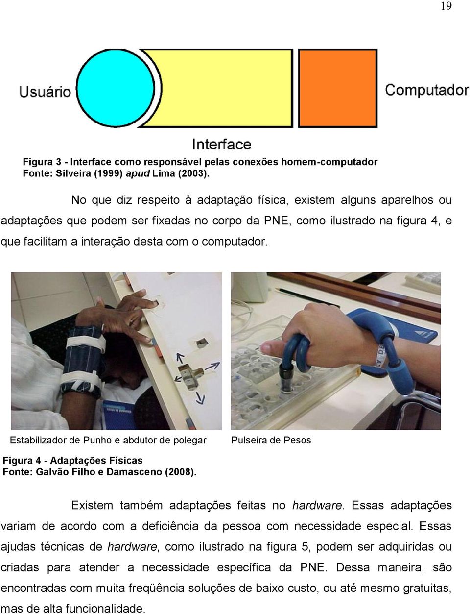 Estabilizador de Punho e abdutor de polegar Pulseira de Pesos Figura 4 - Adaptações Físicas Fonte: Galvão Filho e Damasceno (2008). Existem também adaptações feitas no hardware.