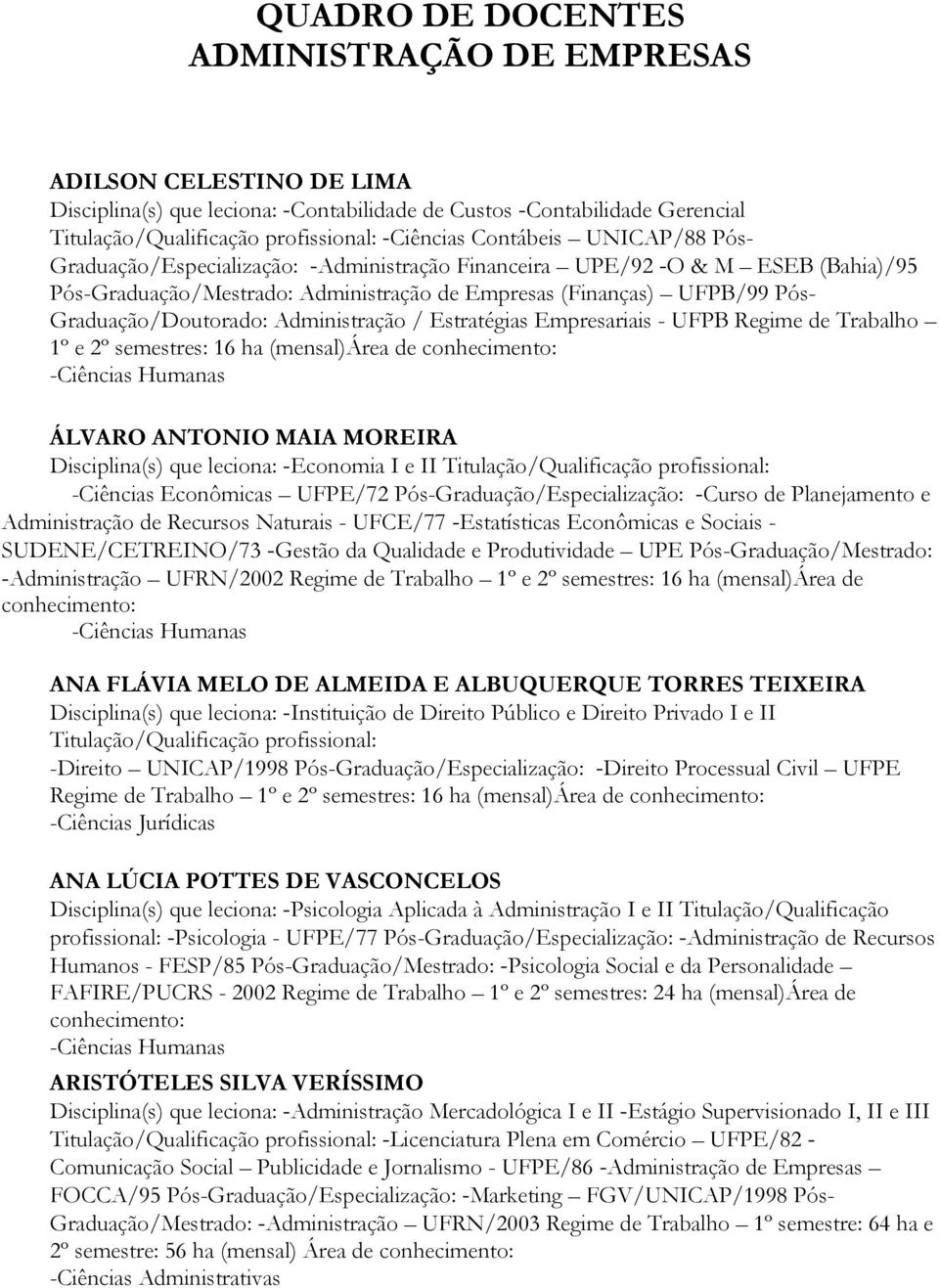 Graduação/Doutorado: Administração / Estratégias Empresariais - UFPB Regime de Trabalho 1º e 2º semestres: 16 ha (mensal)área de conhecimento: -Ciências Humanas ÁLVARO ANTONIO MAIA MOREIRA