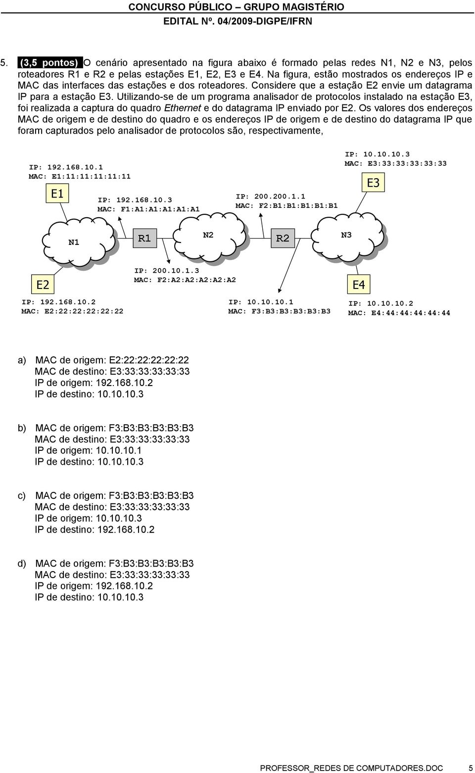 Utilizando-se de um programa analisador de protocolos instalado na estação E3, foi realizada a captura do quadro Ethernet e do datagrama IP enviado por E2.