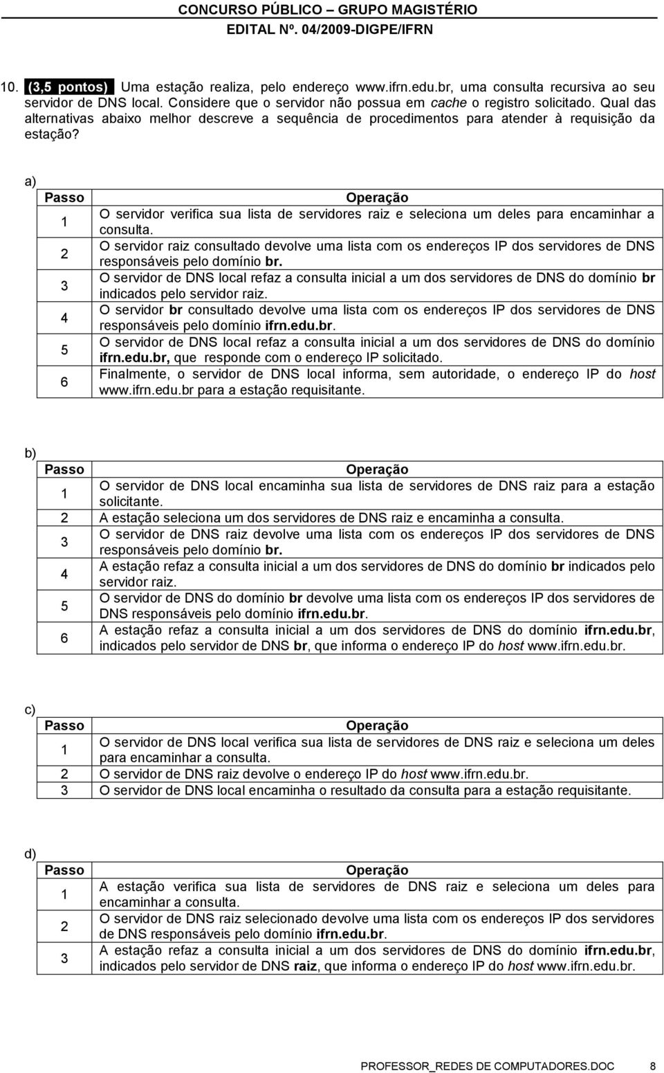 a) Passo 2 3 4 5 6 Operação O servidor verifica sua lista de servidores raiz e seleciona um deles para encaminhar a consulta.