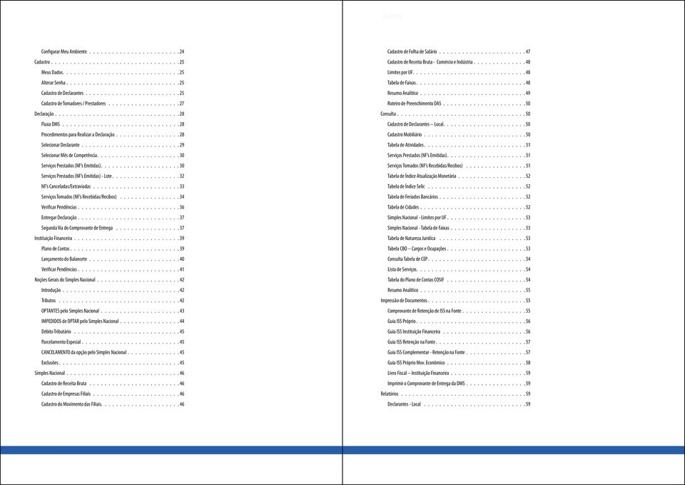 32 NF s Canceladas/Extraviadas. 33 Serviços Tomados (NF s Recebidas/Recibos). 34 Verificar Pendências. 36 Entregar Declaração. 37 Segunda Via do Comprovante de Entrega. 37 Instituição Financeira.