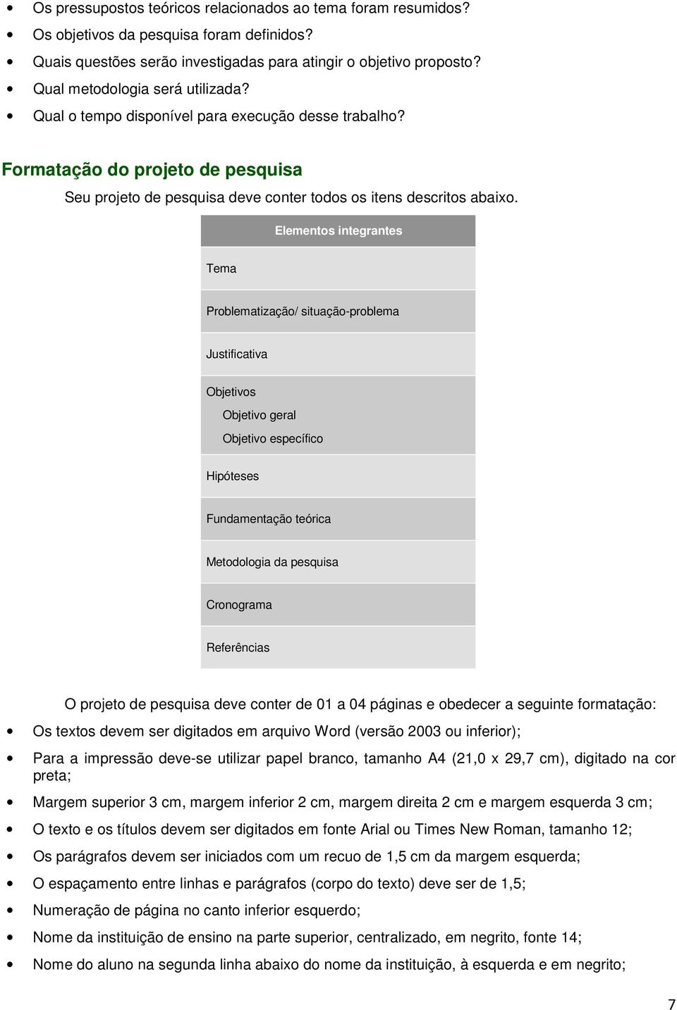 Elementos integrantes Tema Problematização/ situação-problema Justificativa Objetivos Objetivo geral Objetivo específico Hipóteses Fundamentação teórica Metodologia da pesquisa Cronograma Referências