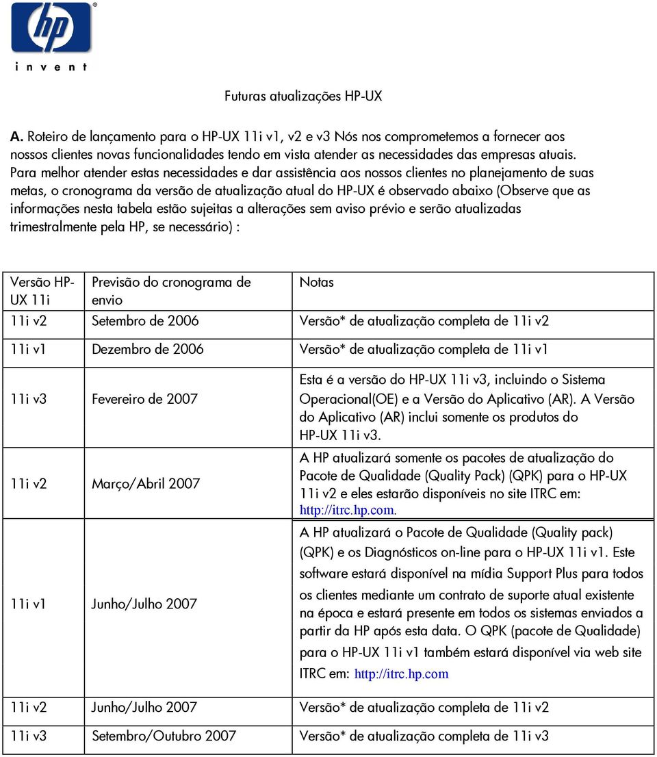 Para melhor atender estas necessidades e dar assistência aos nossos clientes no planejamento de suas metas, o cronograma da versão de atualização atual do HP-UX é observado abaixo (Observe que as