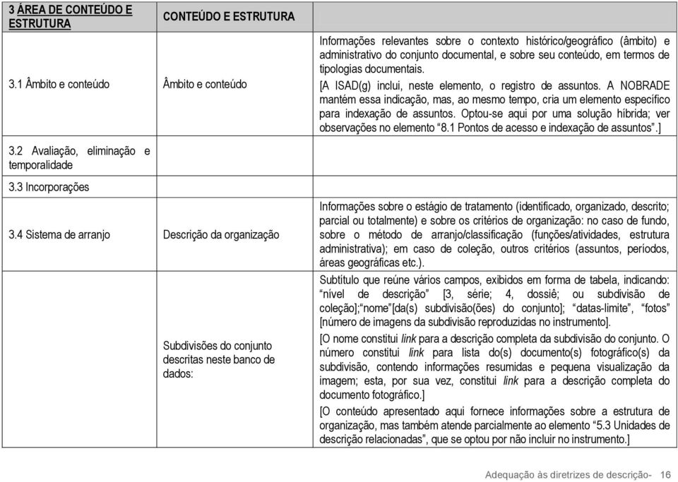 documentais. [A ISAD(g) inclui, neste elemento, o registro de assuntos. A NOBRADE mantém essa indicação, mas, ao mesmo tempo, cria um elemento específico para indexação de assuntos.