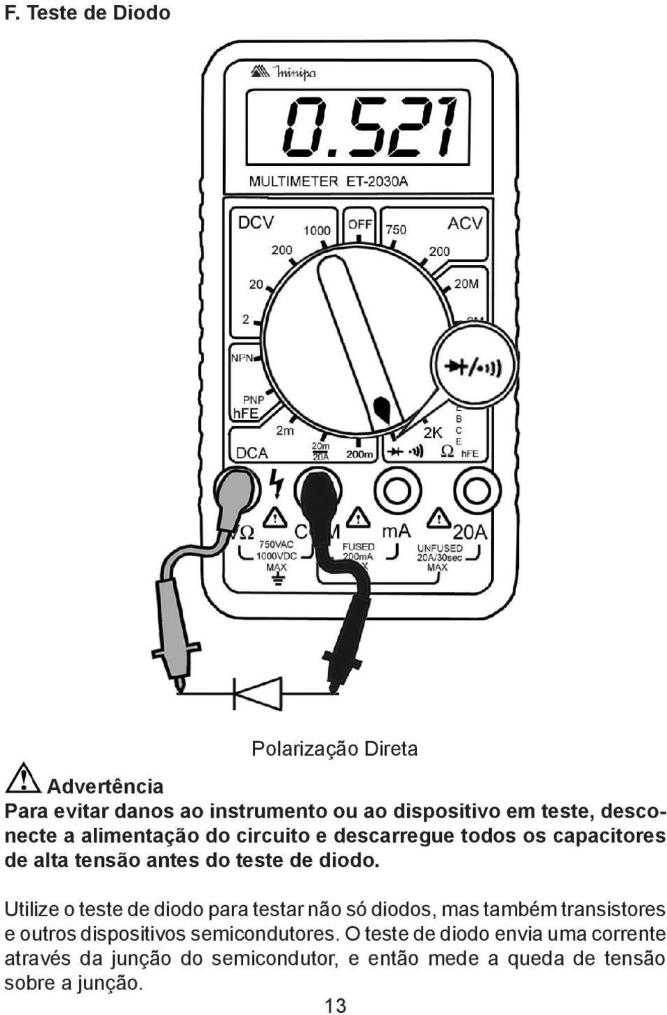 Utilize o teste de diodo para testar não só diodos, mas também transistores e outros dispositivos semicondutores.