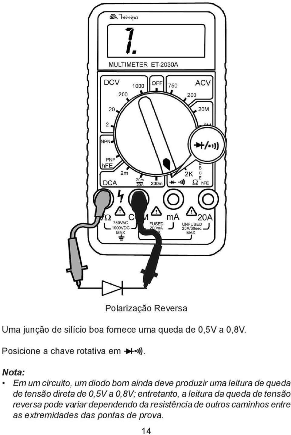 Nota: Em um circuito, um diodo bom ainda deve produzir uma leitura de queda de tensão direta