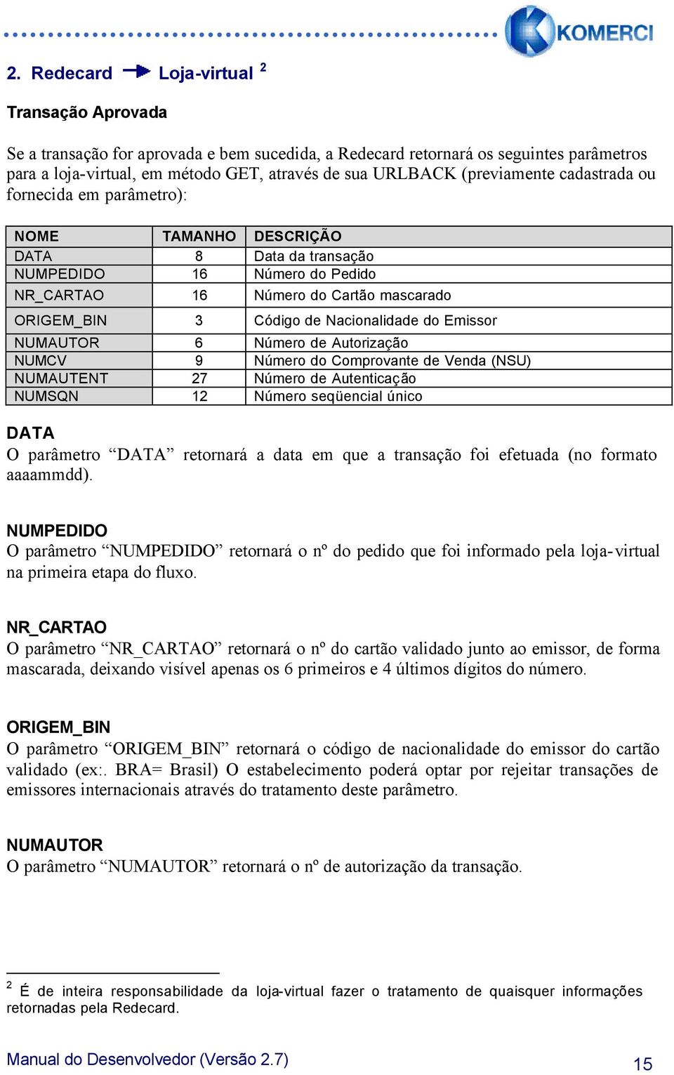 Nacionalidade do Emissor NUMAUTOR 6 Número de Autorização NUMCV 9 Número do Comprovante de Venda (NSU) NUMAUTENT 27 Número de Autenticação NUMSQN 12 Número seqüencial único DATA O parâmetro DATA