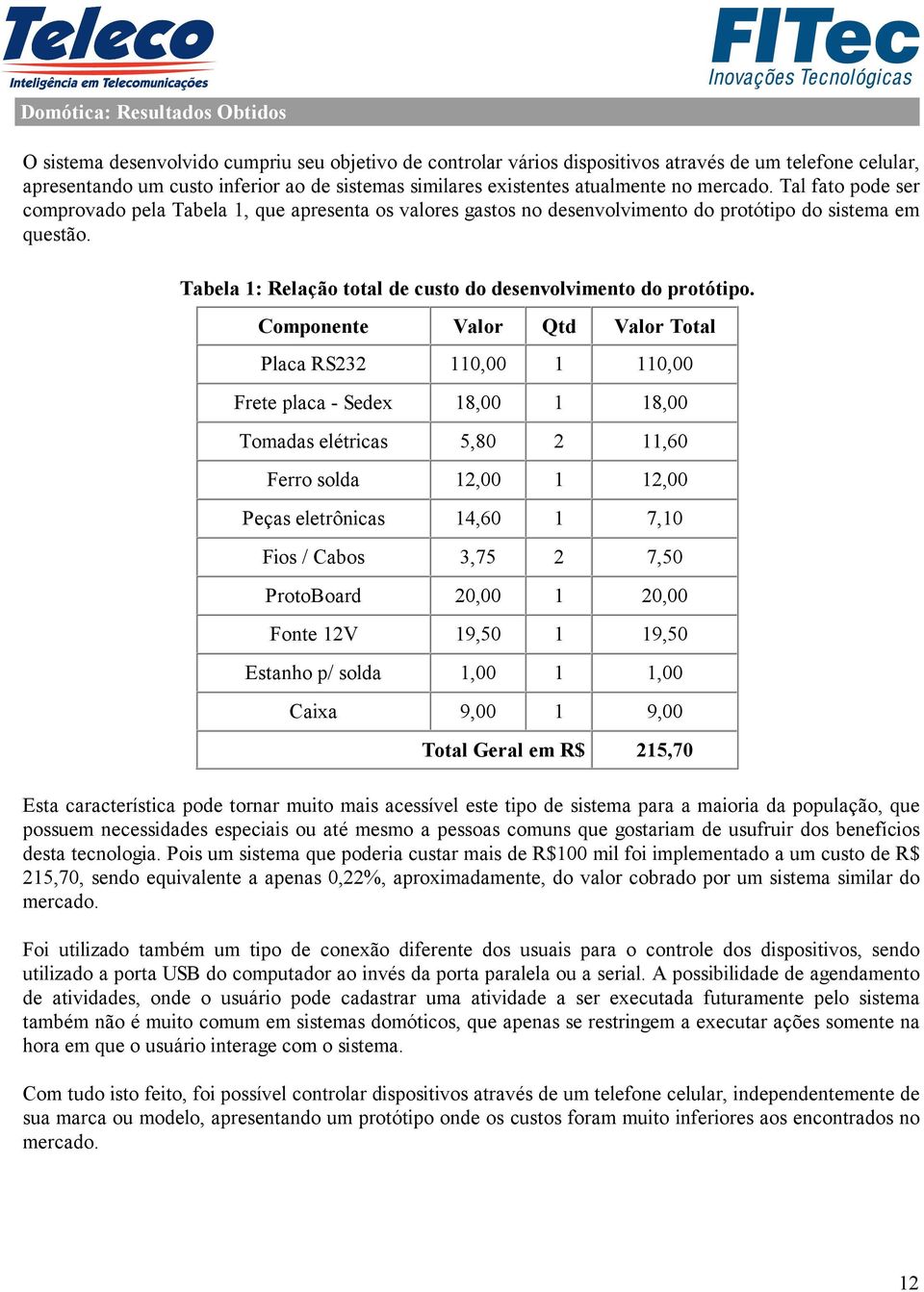 Tabela 1: Relação total de custo do desenvolvimento do protótipo.