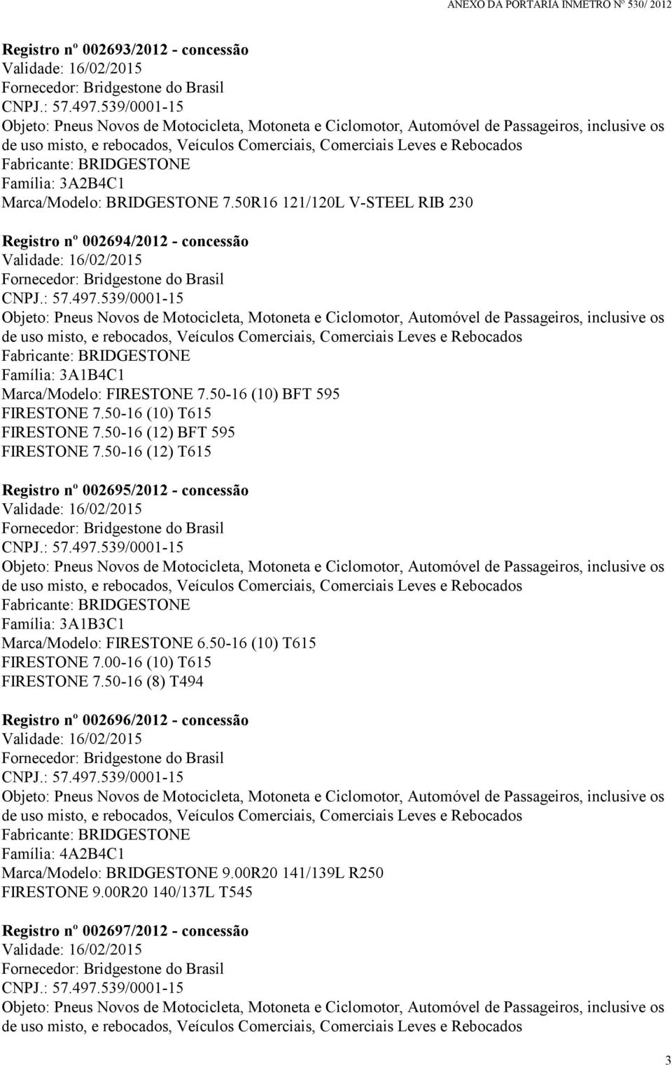 50-16 (10) T615 FIRESTONE 7.50-16 (12) BFT 595 FIRESTONE 7.50-16 (12) T615 Registro nº 002695/2012 - concessão Família: 3A1B3C1 Marca/Modelo: FIRESTONE 6.