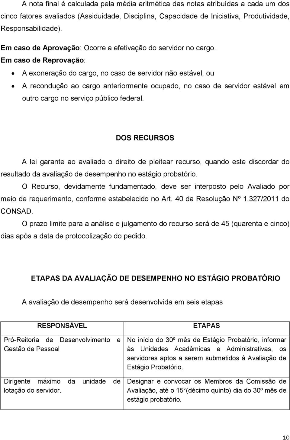 Em caso de Reprovação: A exoneração do cargo, no caso de servidor não estável, ou A recondução ao cargo anteriormente ocupado, no caso de servidor estável em outro cargo no serviço público federal.