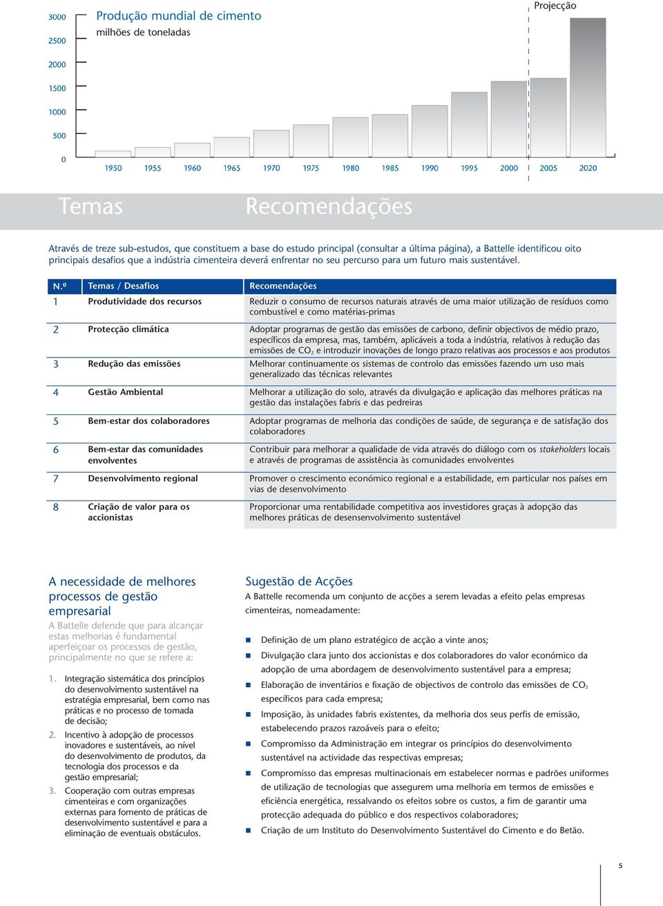 º Temas / Desafios Recomendações 1 Produtividade dos recursos Reduzir o consumo de recursos naturais através de uma maior utilização de resíduos como combustível e como matérias-primas 2 Protecção