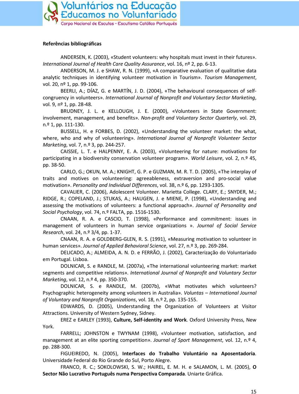 BEERLI, A.; DÍAZ, G. e MARTÍN, J. D. (2004), «The behavioural consequences of selfcongruency in volunteers». International Journal of Nonprofit and Voluntary Sector Marketing, vol. 9, nº 1, pp. 28-48.