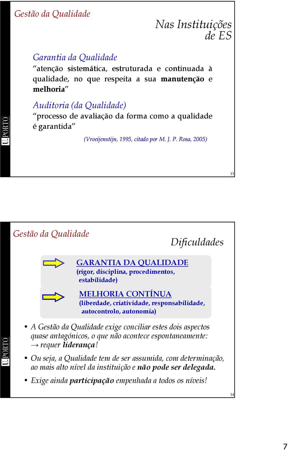 procedimentos, estabilidade) MELHORIA CONTÍNUA (liberdade, criatividade, responsabilidade, autocontrolo, autonomia) A Gestão da Qualidade exige conciliar estes dois aspectos quase antagónicos, o que