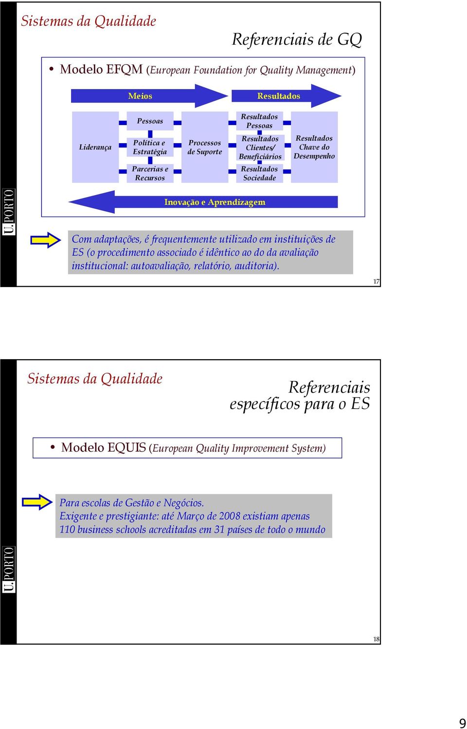 instituições de ES (o procedimento associado é idêntico ao do da avaliação institucional: autoavaliação, relatório, auditoria) 17 Sistemas da Qualidade Referenciais específicos para o ES