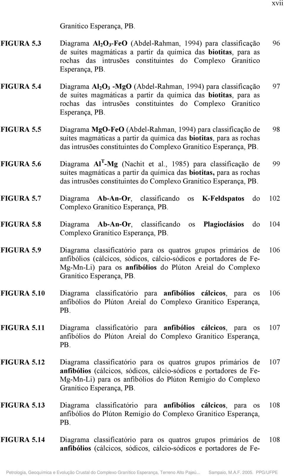 Diagrama Al 2 O 3 -MgO (Abdel-Rahman, 1994) para classificação de suítes magmáticas a partir da química das biotitas, para as rochas das intrusões constituintes do Complexo Granítico Esperança, PB.