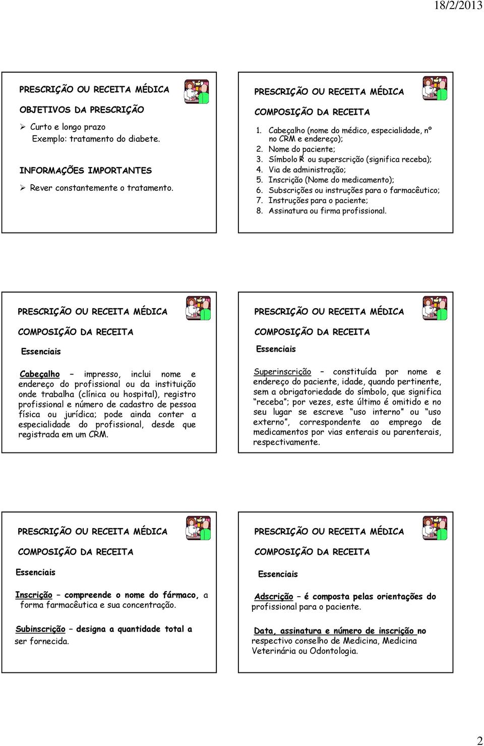 Subscrições ou instruções para o farmacêutico; 7. Instruções para o paciente; 8. Assinatura ou firma profissional.