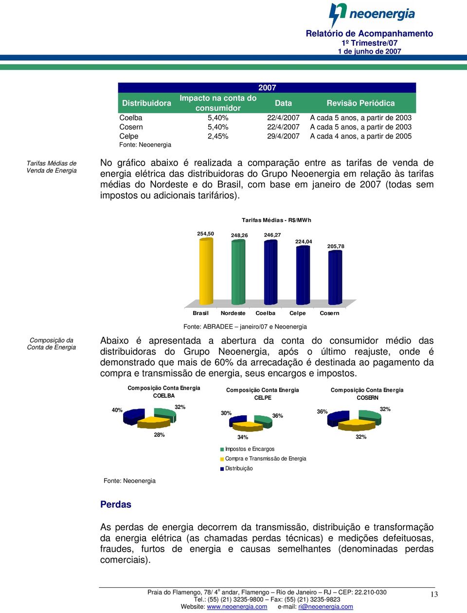 distribuidoras do Grupo Neoenergia em relação às tarifas médias do Nordeste e do Brasil, com base em janeiro de 2007 (todas sem impostos ou adicionais tarifários).