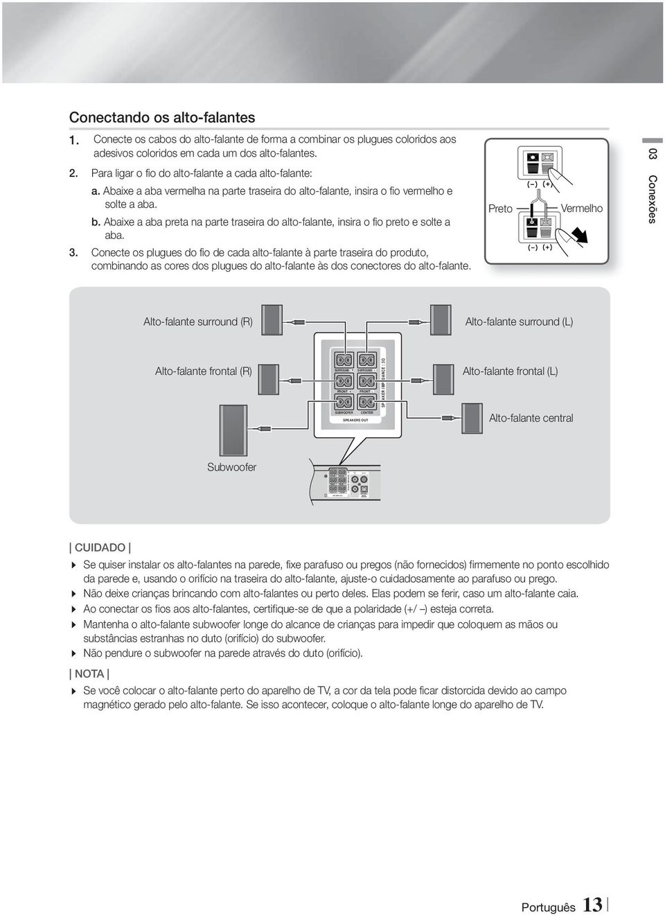 Abaixe a aba vermelha na parte traseira do alto-falante, insira o fio vermelho e solte a aba. b. Abaixe a aba preta na parte traseira do alto-falante, insira o fio preto e solte a aba.