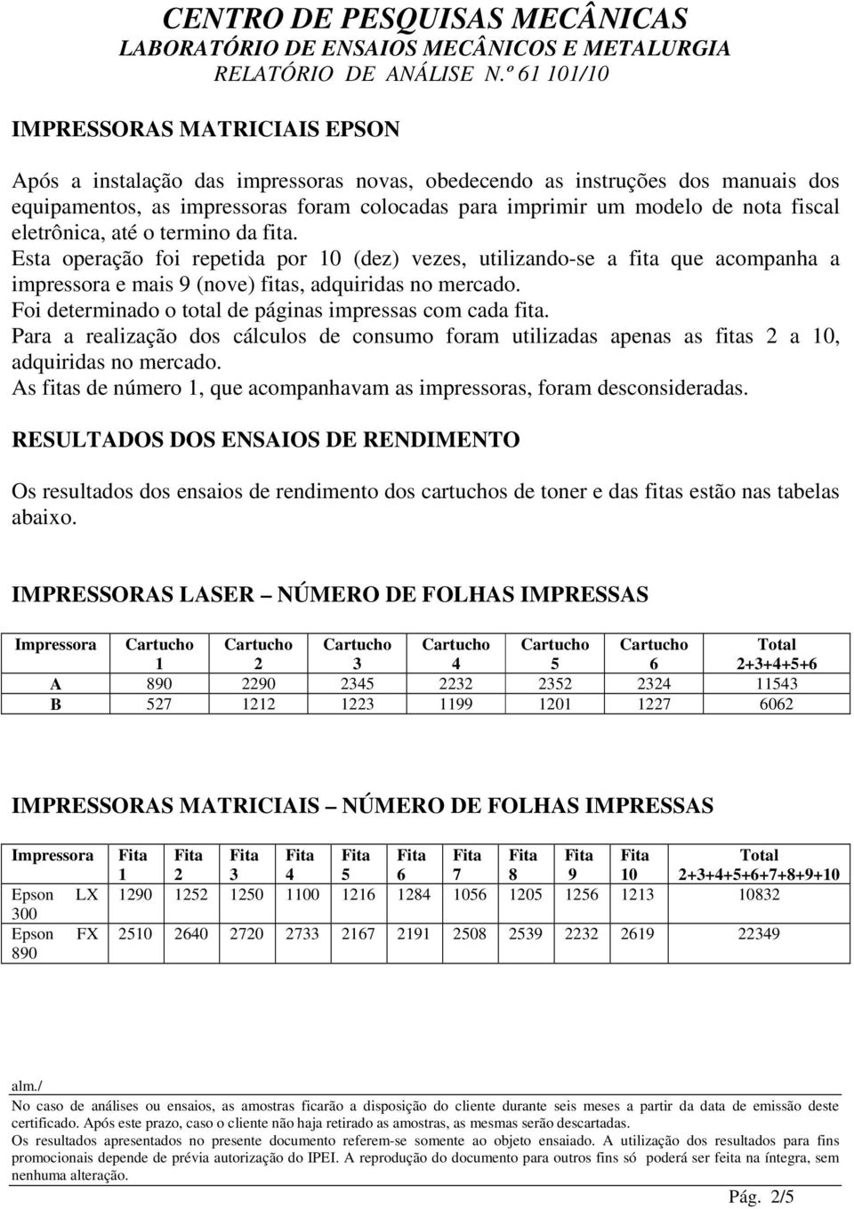 Foi determinado o total de páginas impressas com cada fita. Para a realização dos cálculos de consumo foram utilizadas apenas as fitas 2 a 10, adquiridas no mercado.