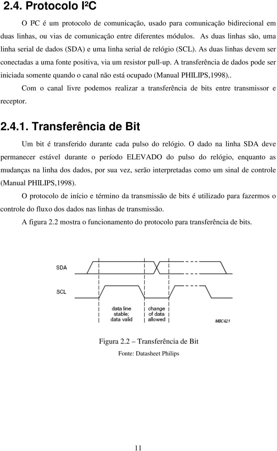 A transferência de dados pode ser iniciada somente quando o canal não está ocupado (Manual PHILIPS,1998).. Com o canal livre podemos realizar a transferência de bits entre transmissor e receptor. 2.4.