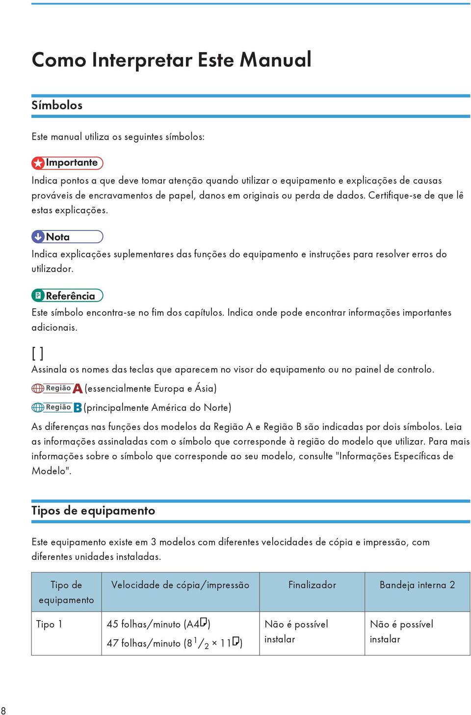 Indica explicações suplementares das funções do equipamento e instruções para resolver erros do utilizador. Este símbolo encontra-se no fim dos capítulos.