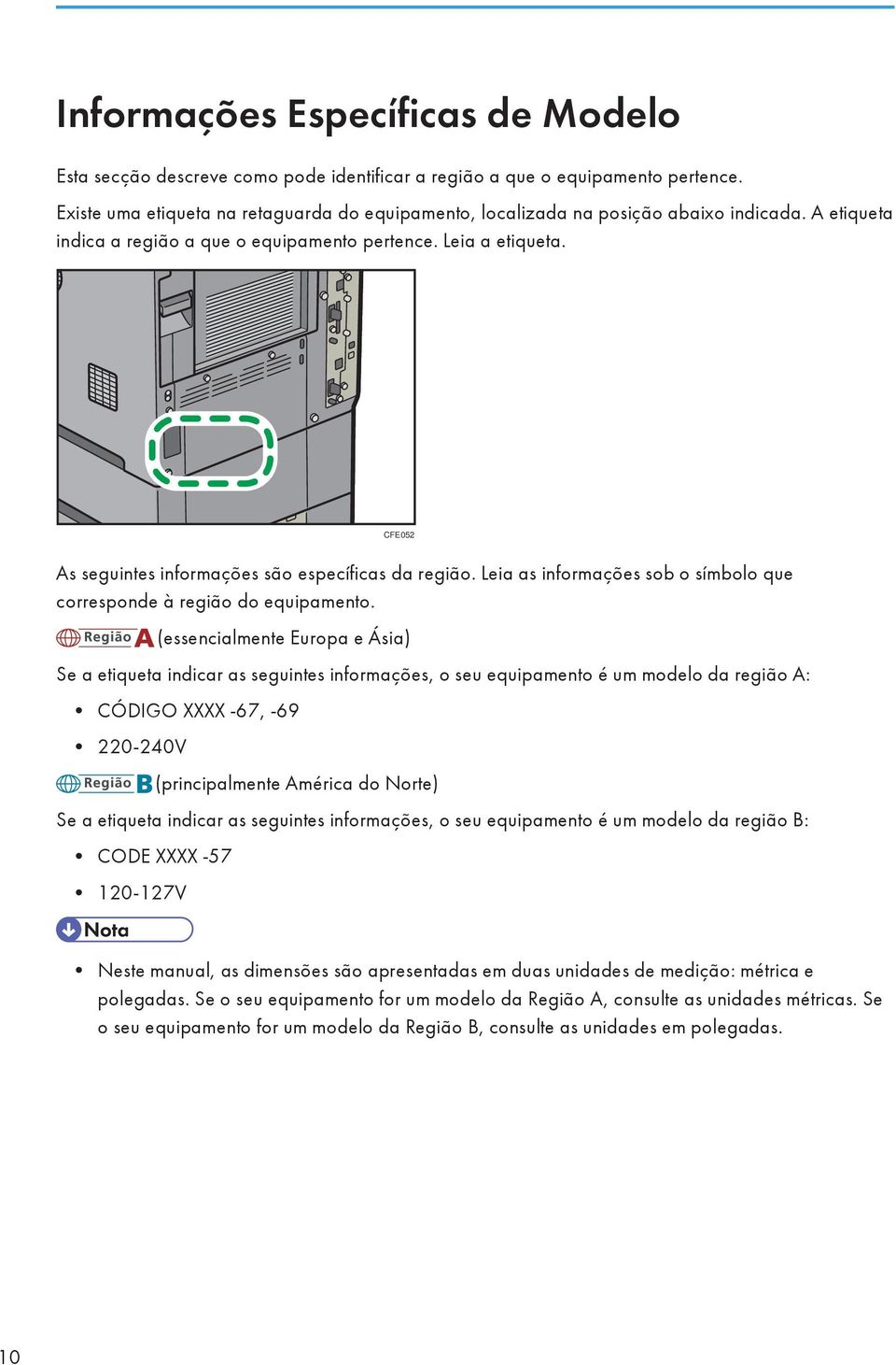 CFE052 As seguintes informações são específicas da região. Leia as informações sob o símbolo que corresponde à região do equipamento.