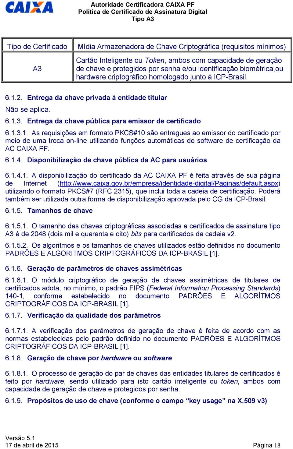 2. Entrega da chave privada à entidade titular Não se aplica. 6.1.