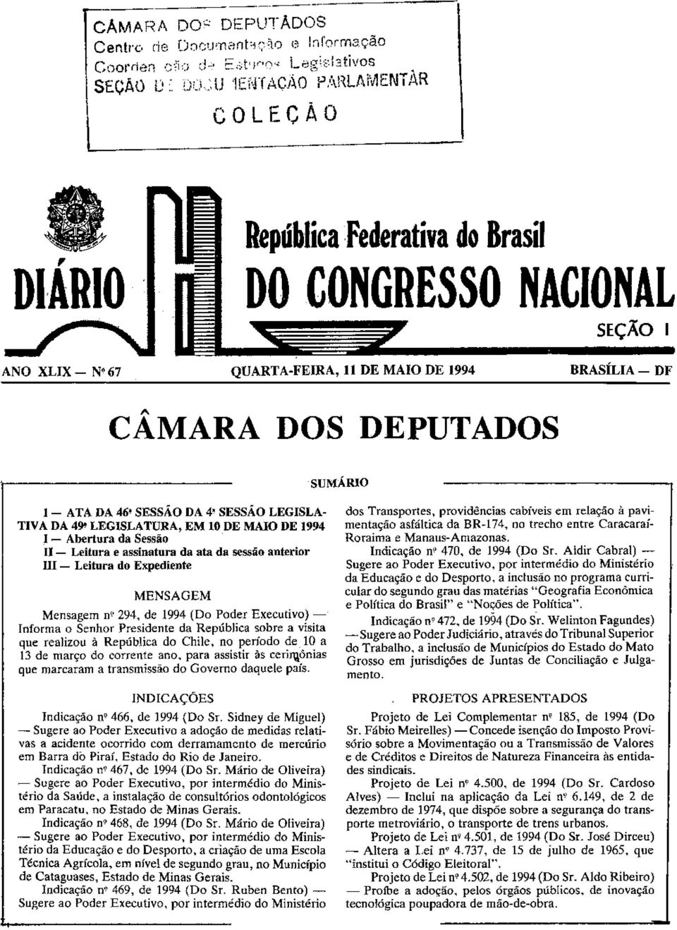 1- ATA DA 46' SESSÃO DA 4" SESSÃO LEGISLA- TIVA DA 4!r. LEGISLATURA, EM 10 DE MAIO DE1994 I - Abertura da Sessão.