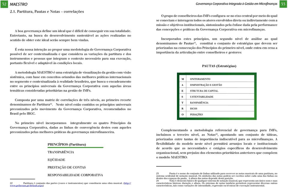 É esta nossa intenção ao propor uma medotologia de Governança Corporativa possível de ser contextualizada e que considera as variações da partitura e dos instrumentos e pessoas que integram o