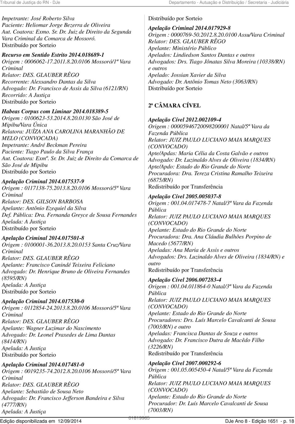 GLAUBER RÊGO Recorrente: Alexsandro Dantas da Silva Advogado: Dr. Francisco de Assis da Silva (6121/RN) Recorrido: A Justiça Habeas Corpus com Liminar 201