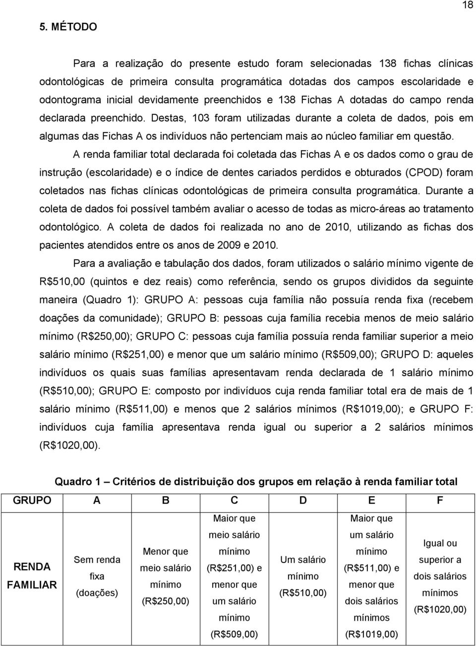 Destas, 103 foram utilizadas durante a coleta de dados, pois em algumas das Fichas A os indivíduos não pertenciam mais ao núcleo familiar em questão.