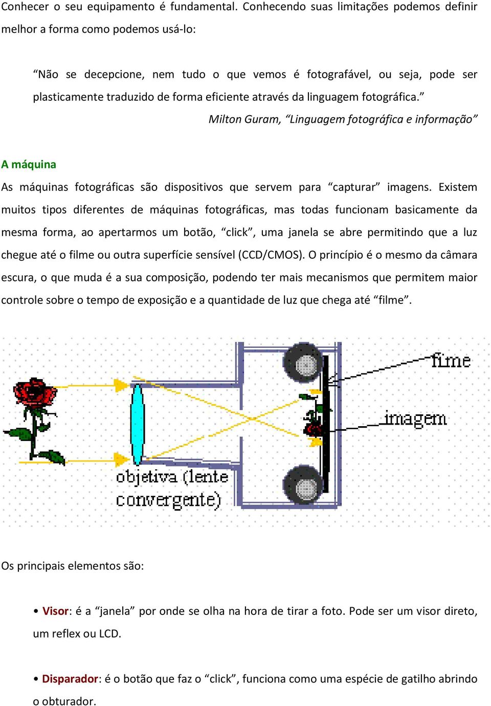 através da linguagem fotográfica. Milton Guram, Linguagem fotográfica e informação A máquina As máquinas fotográficas são dispositivos que servem para capturar imagens.