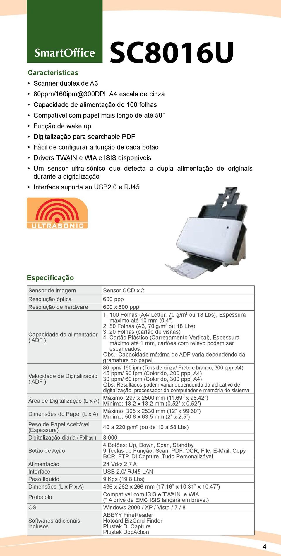 Interface suporta ao USB2.0 e RJ45 Sensor de imagem Sensor CCD x 2 Resolução óptica 600 ppp Resolução de hardware 600 x 600 ppp 1.