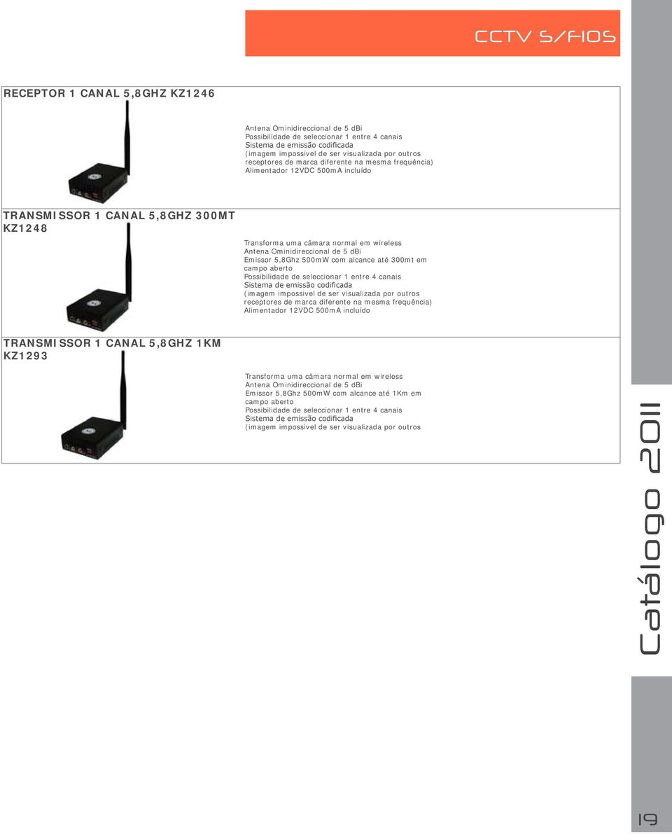 5 dbi Emissor 5,8Ghz 500mW com alcance até 300mt em campo aberto Possibilidade de seleccionar 1 entre 4 canais Sistema de emissão codificada (imagem impossivel de ser visualizada por outros