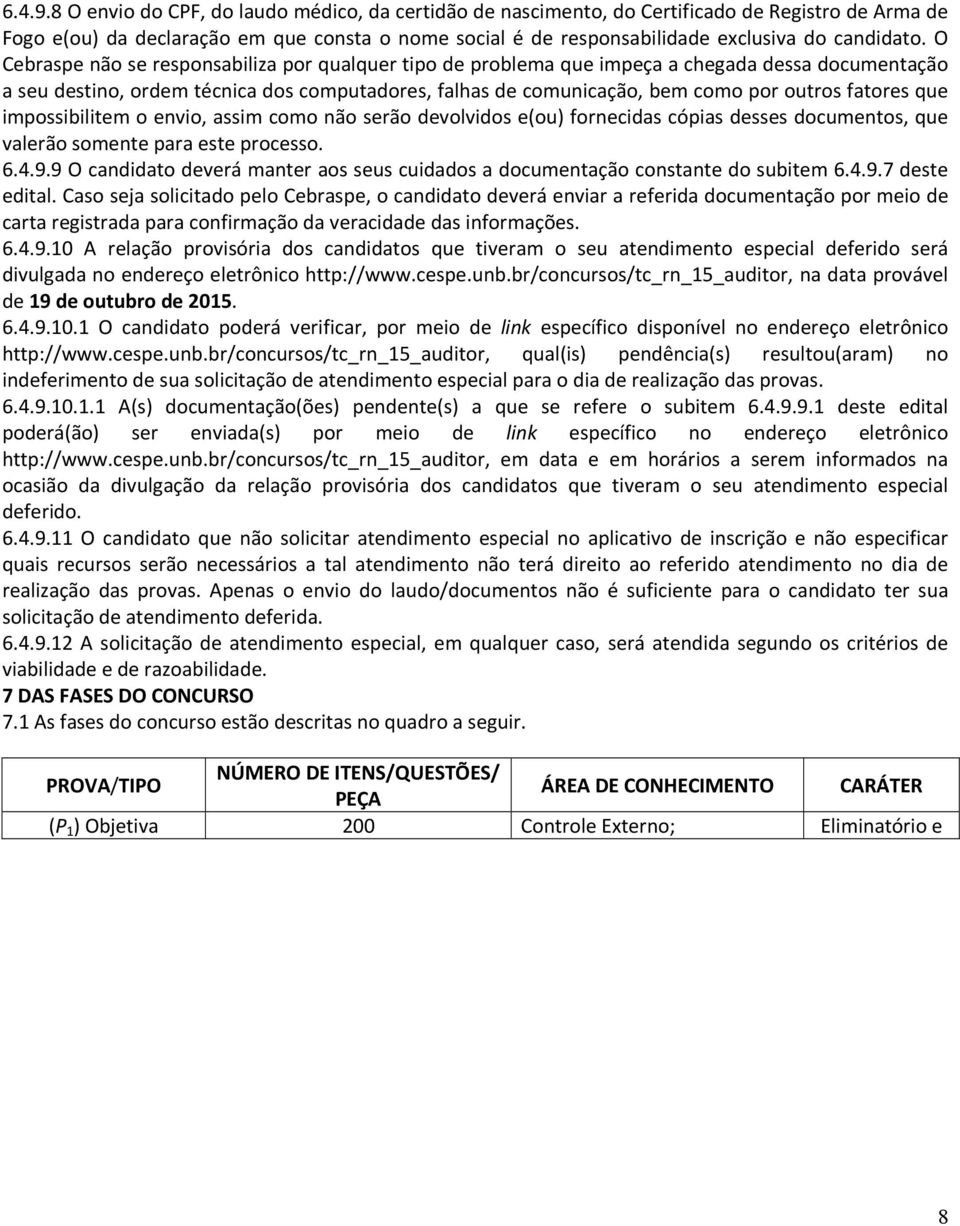 O Cebraspe não se responsabiliza por qualquer tipo de problema que impeça a chegada dessa documentação a seu destino, ordem técnica dos computadores, falhas de comunicação, bem como por outros