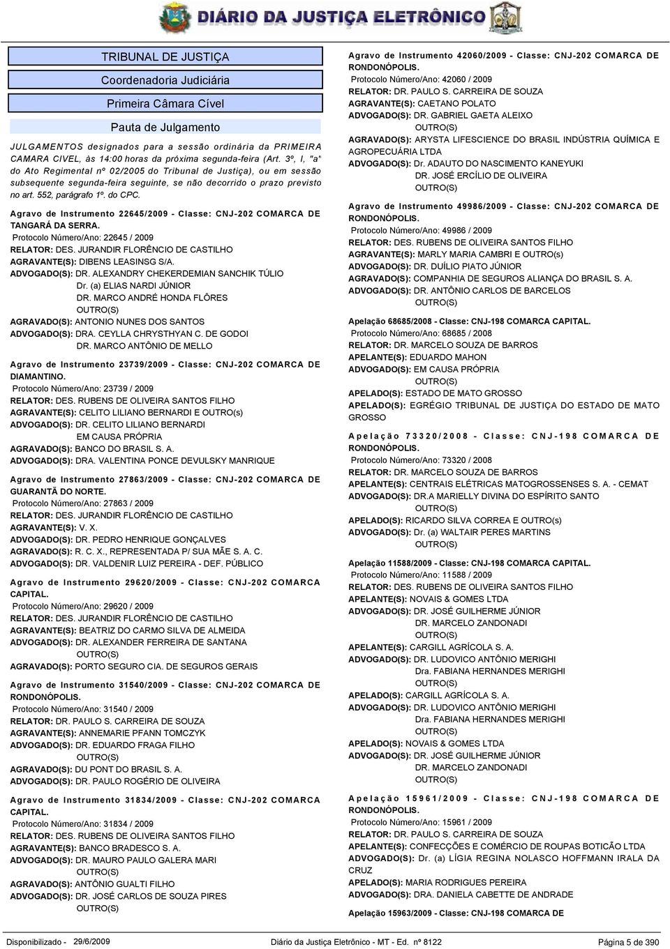 Agravo de Instrumento 22645/2009 - Classe: CNJ-202 COMARCA DE TANGARÁ DA SERRA. Protocolo Número/Ano: 22645 / 2009 RELATOR: DES. JURANDIR FLORÊNCIO DE CASTILHO AGRAVANTE(S): DIBENS LEASINSG S/A.