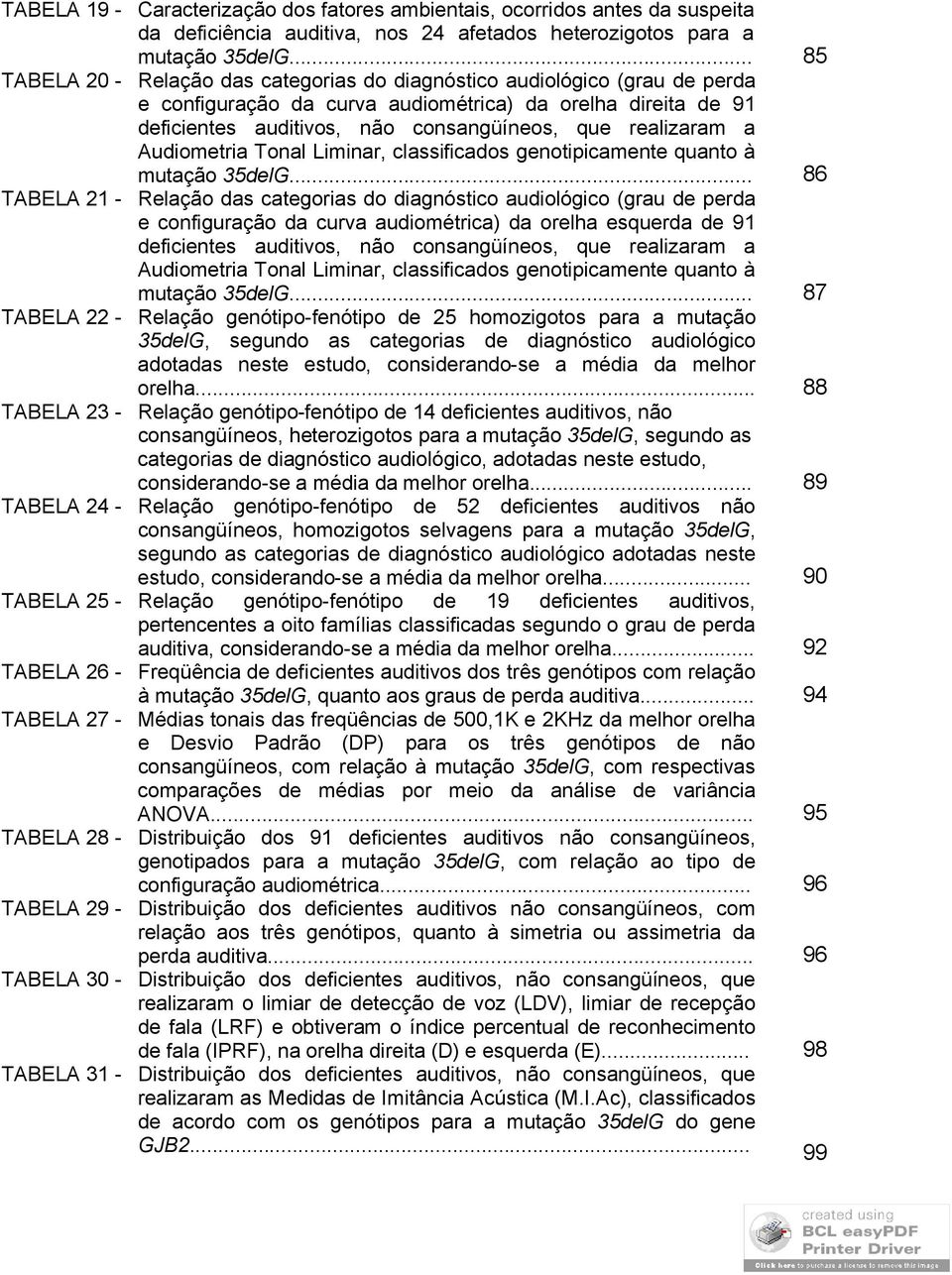 Audiometria Tonal Liminar, classificados genotipicamente quanto à mutação 35delG.