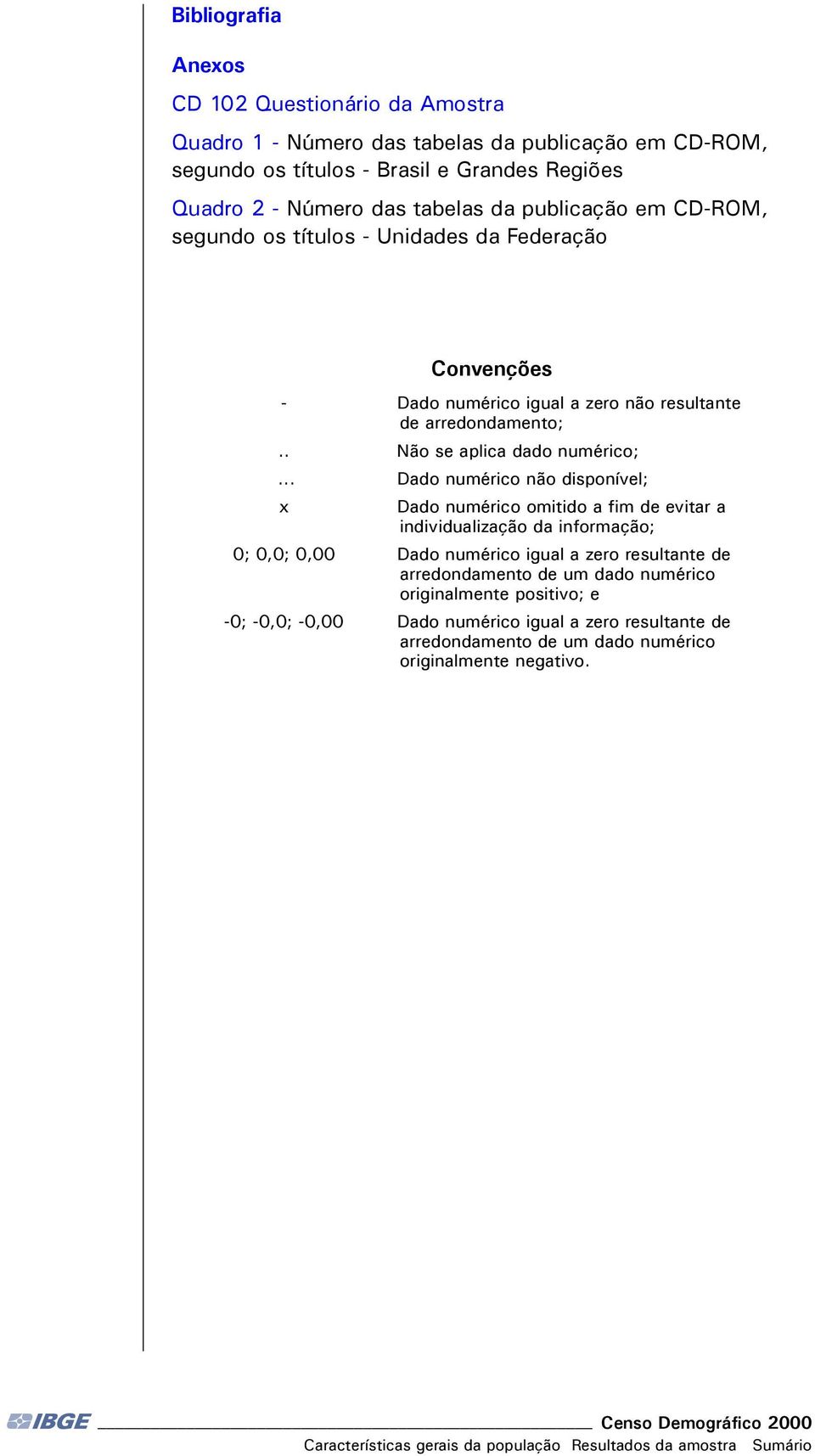 .. Dado numérico não disponível; x Dado numérico omitido a fim de evitar a individualização da informação; 0; 0,0; 0,00 Dado numérico igual a zero resultante de arredondamento de um dado numérico