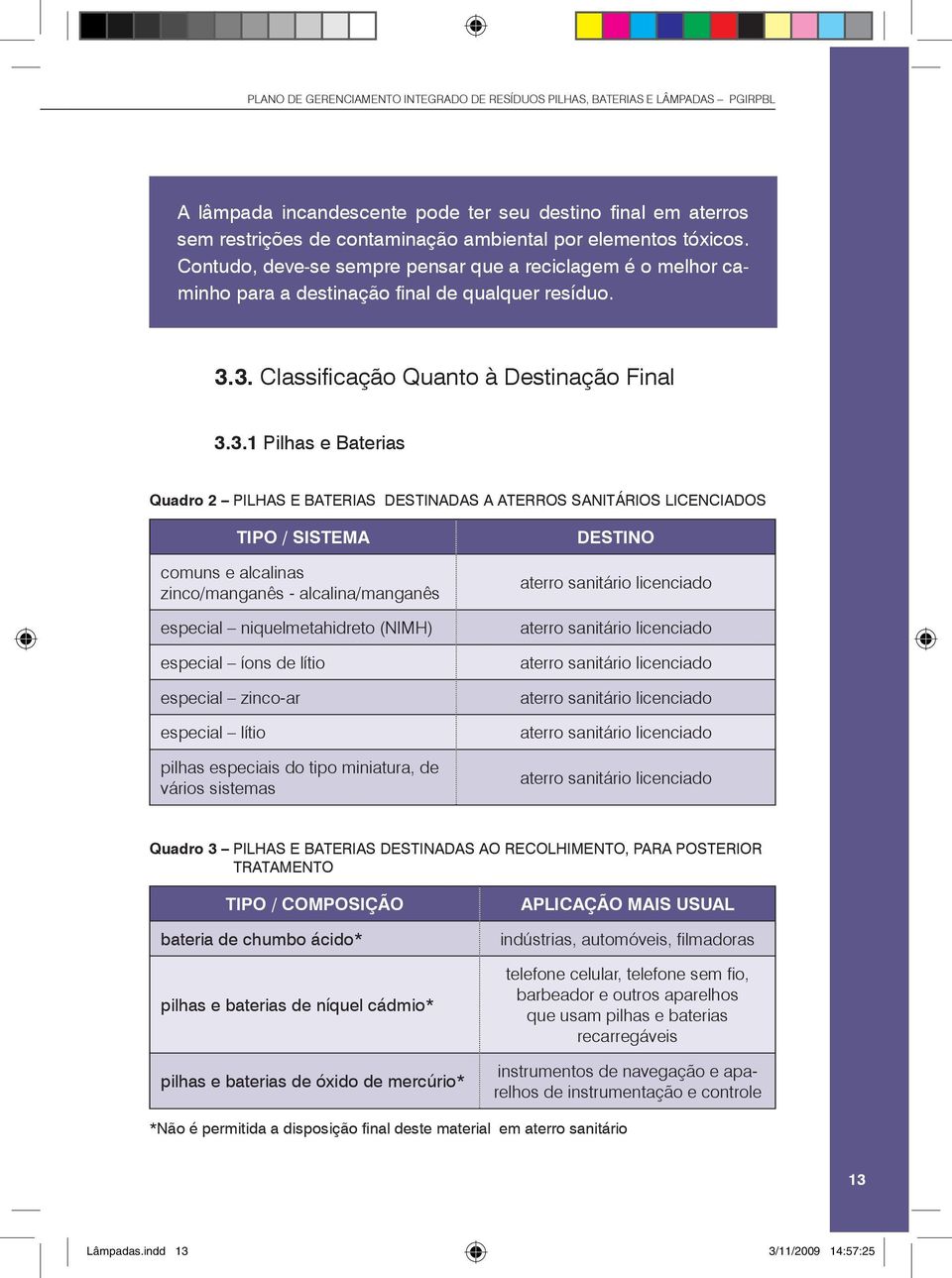 3. Classificação Quanto à Destinação Final 3.3.1 Pilhas e Baterias Quadro 2 PILHAS E BATERIAS DESTINADAS A ATERROS SANITÁRIOS LICENCIADOS Tipo / Sistema comuns e alcalinas zinco/manganês -