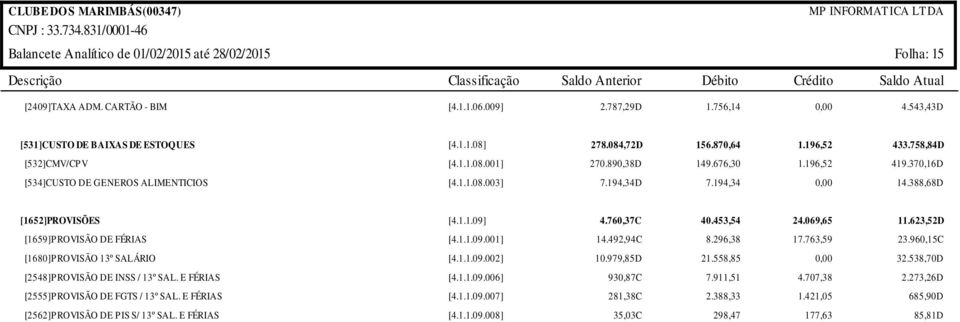 388,68D [1652]PROVISÕES [1659]PROVISÃO DE FÉRIAS [1680]PROVISÃO 13º SALÁRIO [2548]PROVISÃO DE INSS / 13º SAL. E FÉRIAS [2555]PROVISÃO DE FGTS / 13º SAL. E FÉRIAS [2562]PROVISÃO DE PIS S/ 13º SAL.