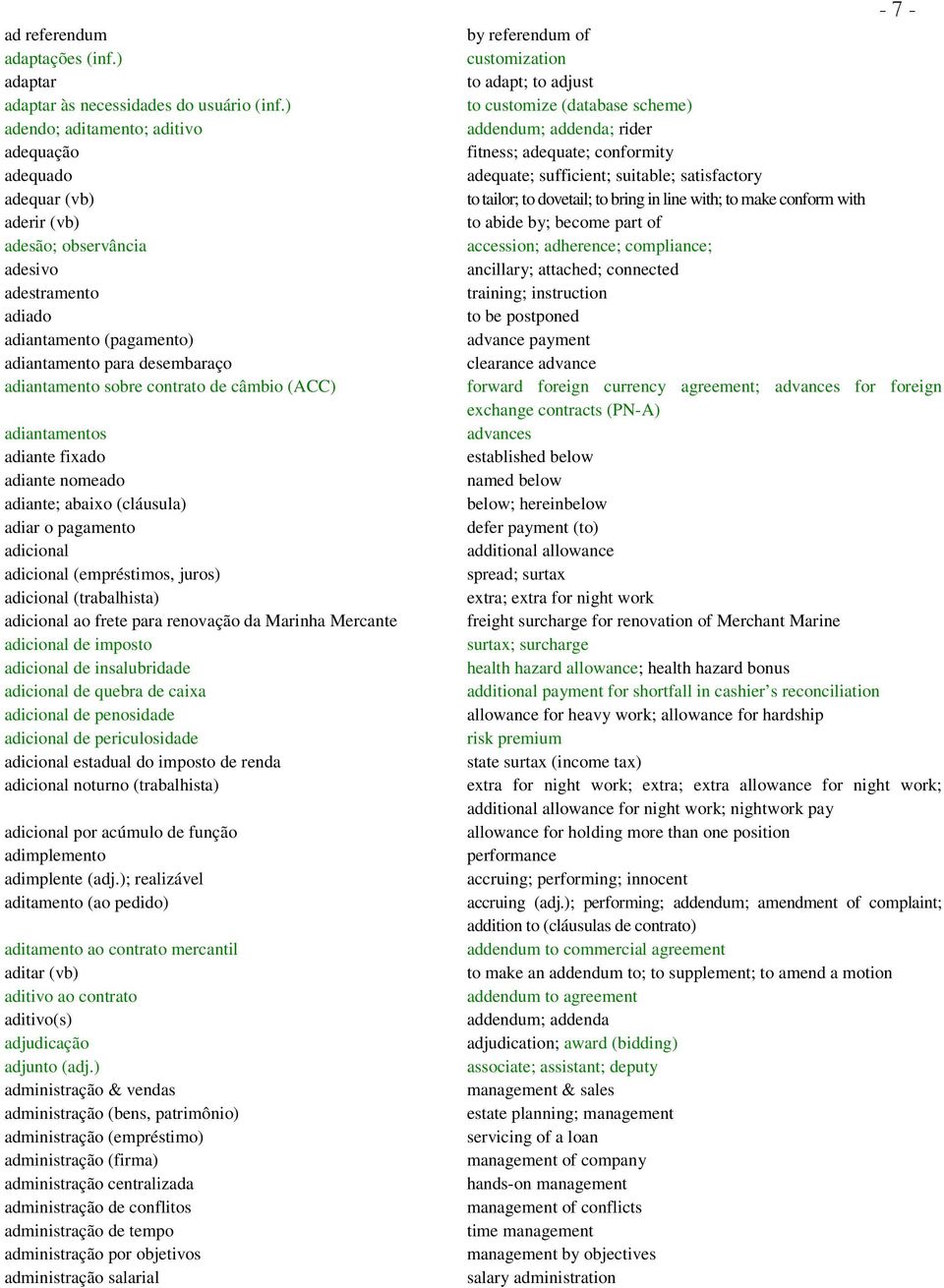 contrato de câmbio (ACC) adiantamentos adiante fixado adiante nomeado adiante; abaixo (cláusula) adiar o pagamento adicional adicional (empréstimos, juros) adicional (trabalhista) adicional ao frete