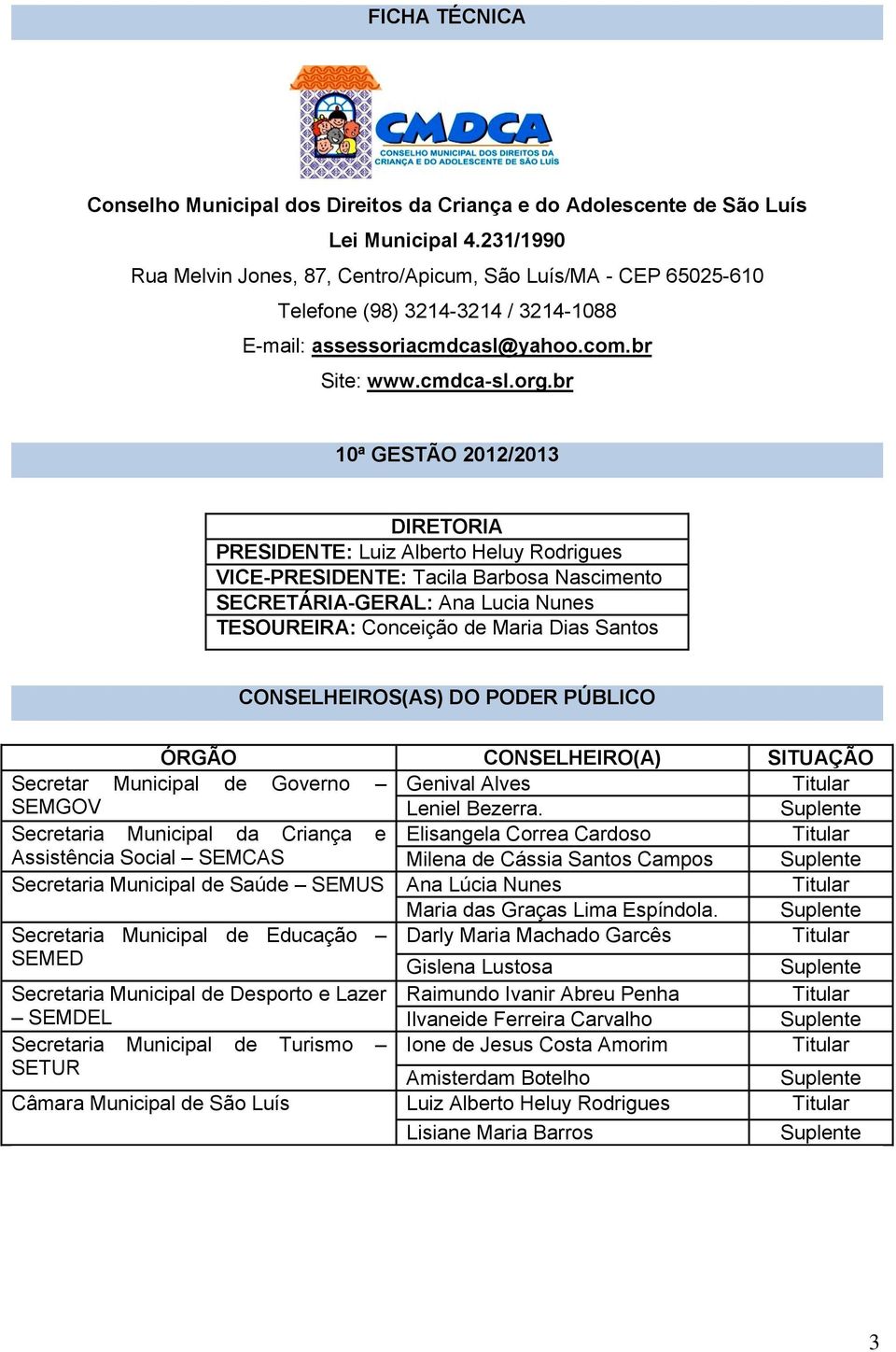 br 10ª GESTÃO 2012/2013 DIRETORIA PRESIDENTE: Luiz Alberto Heluy Rodrigues VICE-PRESIDENTE: Tacila Barbosa Nascimento SECRETÁRIA-GERAL: Ana Lucia Nunes TESOUREIRA: Conceição de Maria Dias Santos