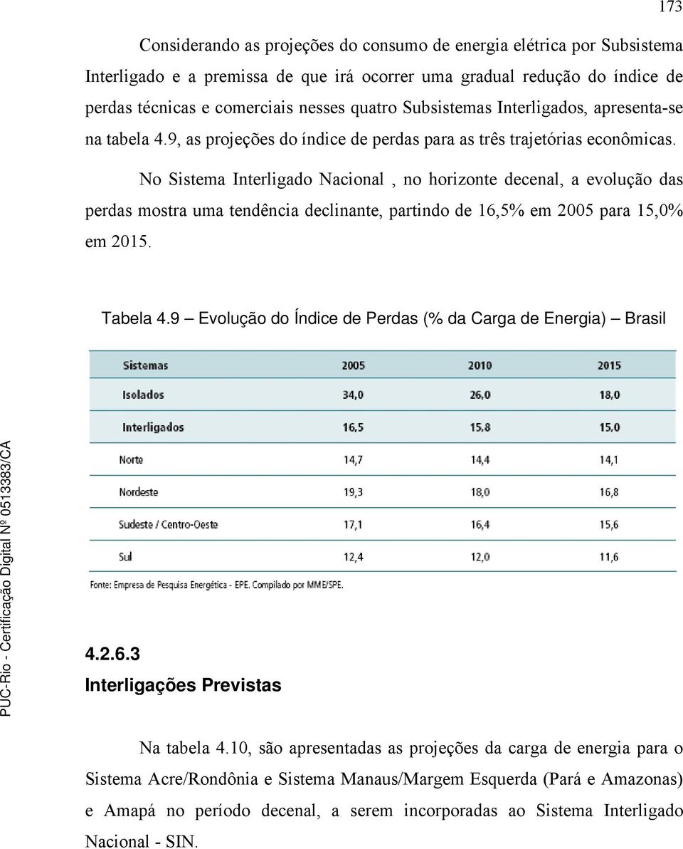 No Sistema Interligado Nacional, no horizonte decenal, a evolução das perdas mostra uma tendência declinante, partindo de 16,5% em 2005 para 15,0% em 2015. Tabela 4.