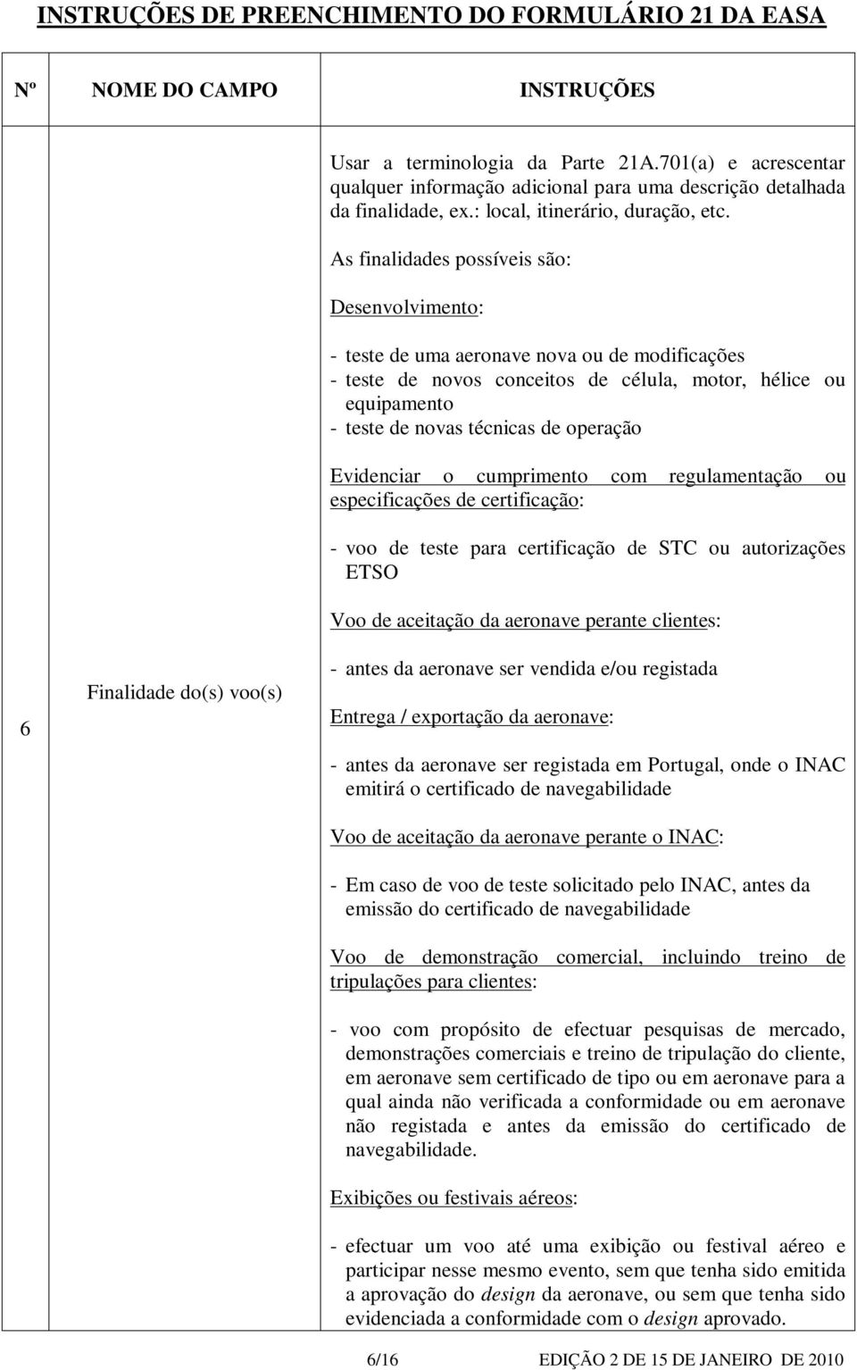 As finalidades possíveis são: Desenvolvimento: - teste de uma aeronave nova ou de modificações - teste de novos conceitos de célula, motor, hélice ou equipamento - teste de novas técnicas de operação